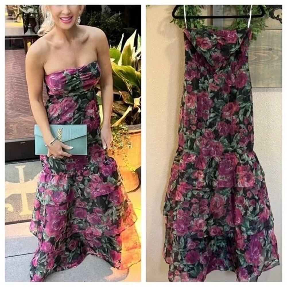 LULUS Truly Extraordinary Black Floral Organza Strapless Tiered Maxi Dress-Sz M - Picture 3 of 15